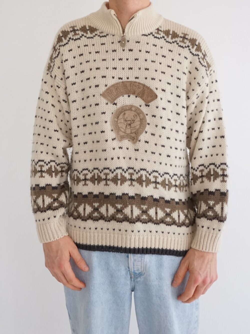 Vintage Secret Nordic Cream Brown Deer Mountain Graphic Zip Neck Knit Sweater L